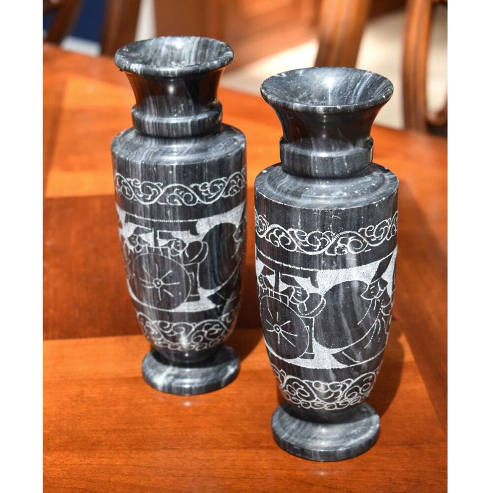Pair of Black Marble Vases - Hand Etched Horse Cart Scene Indian Handicraft - 8"